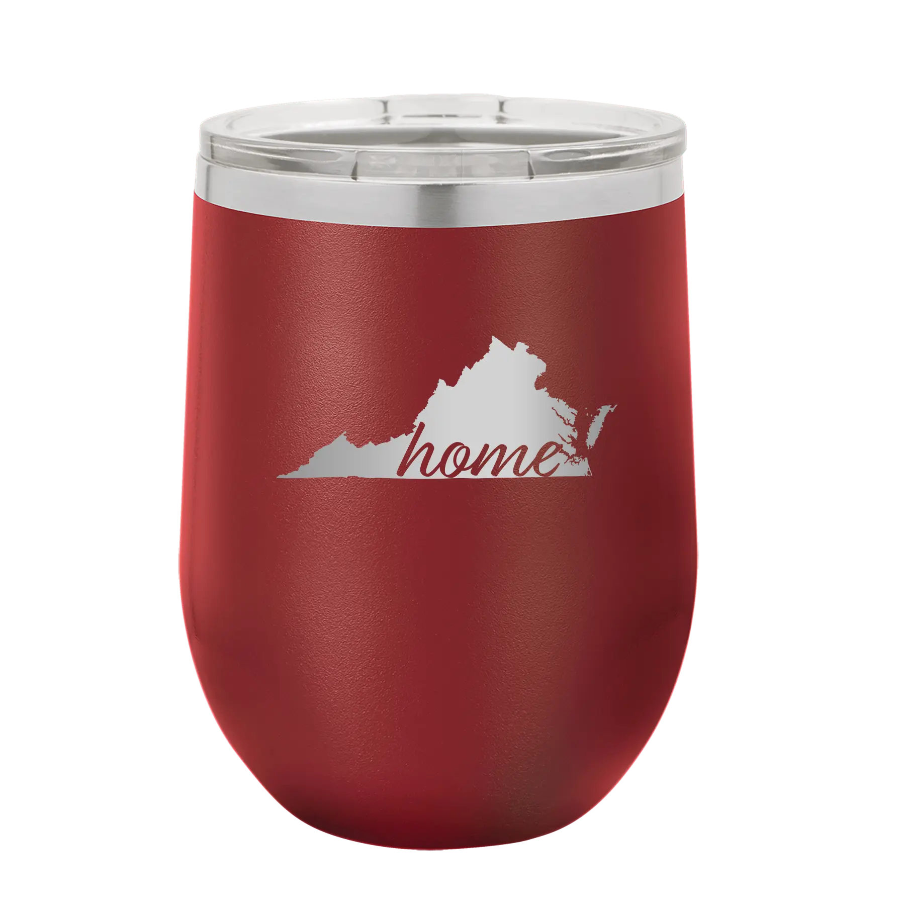 Laser etched maroon 12 oz vacuum insulated wine cup with 'Virginia Home' design