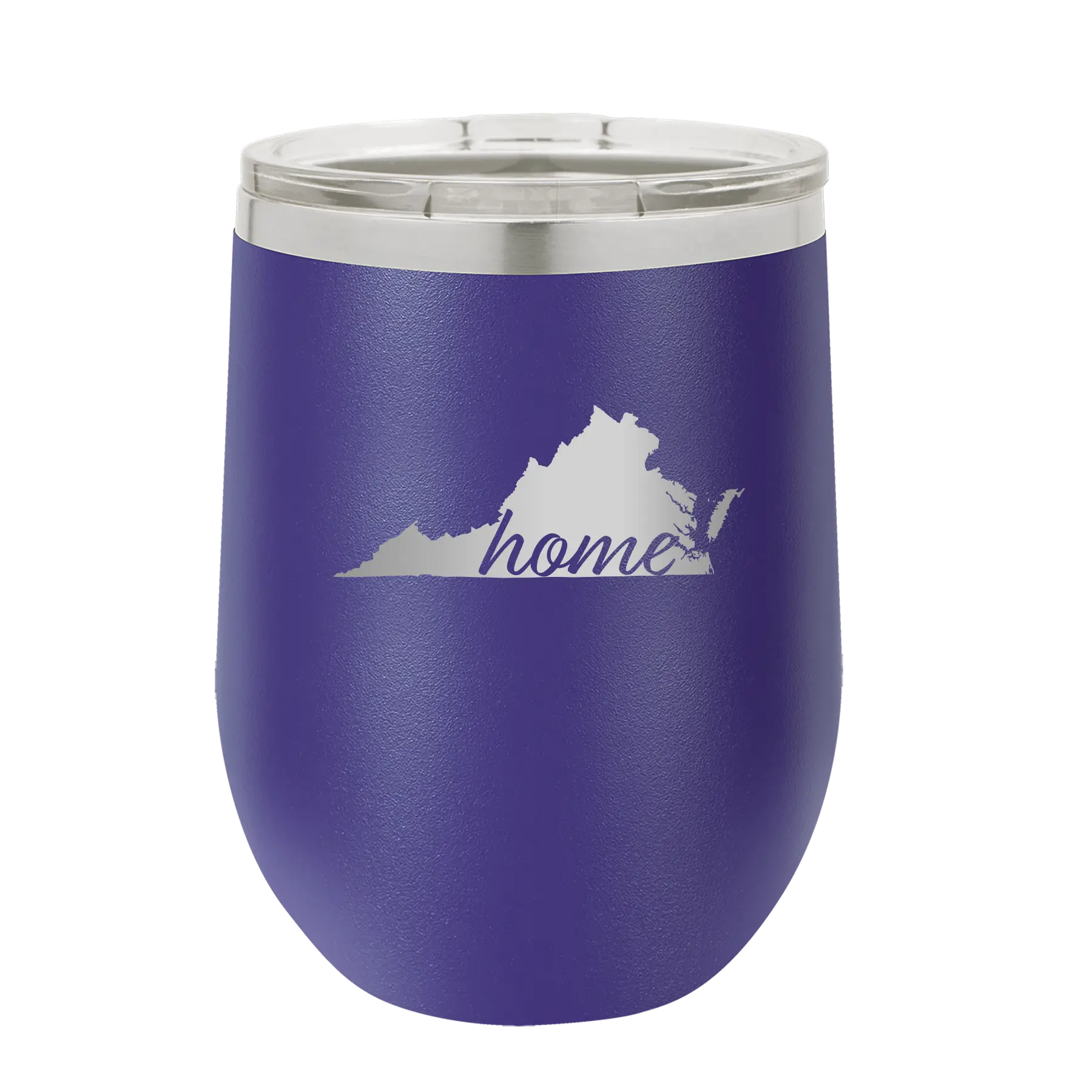 Laser etched purple 12 oz vacuum insulated wine cup with 'Virginia Home' design