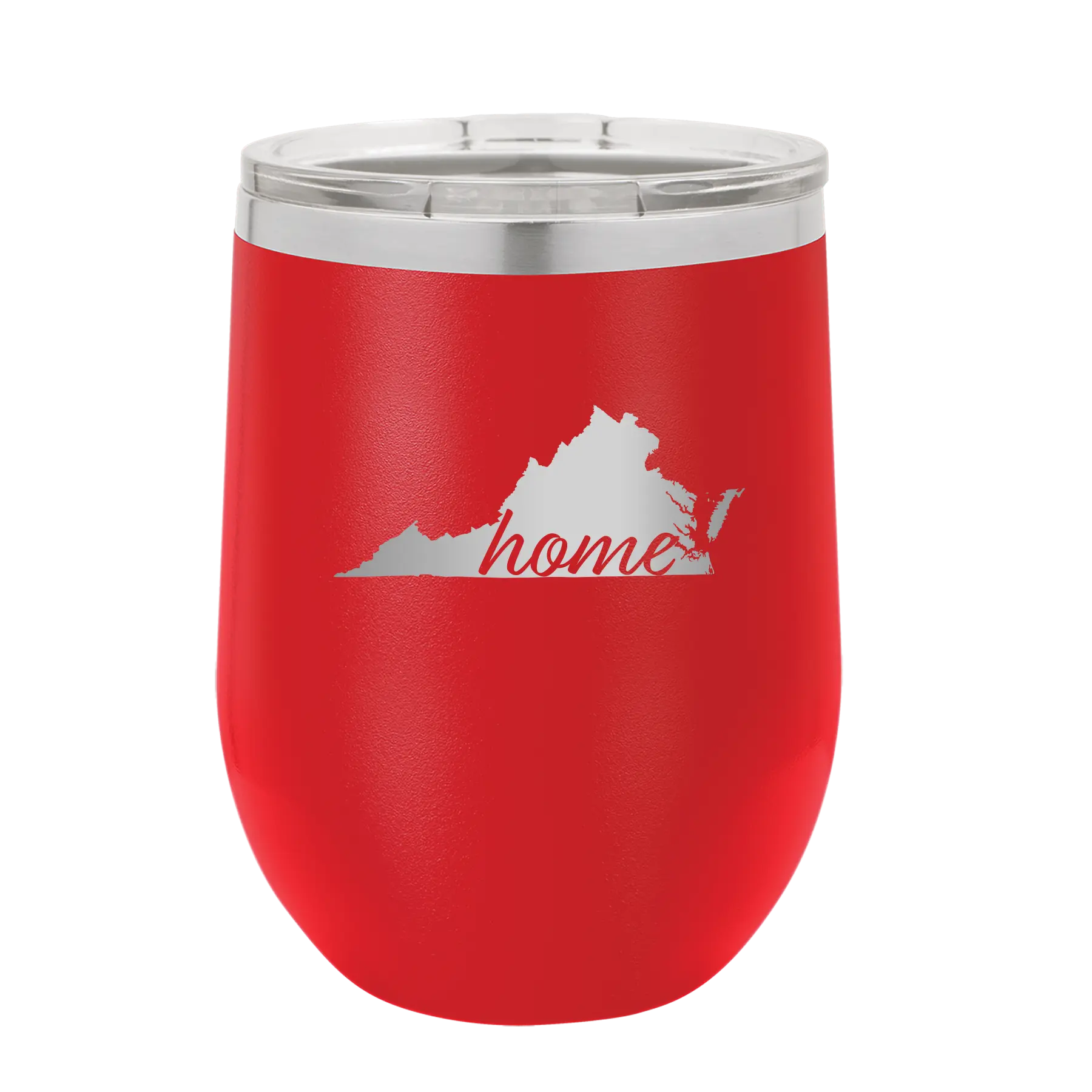 Laser etched red 12 oz vacuum insulated wine cup with 'Virginia Home' design