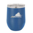Laser etched royal blue 12 oz vacuum insulated wine cup with 'Virginia Home' design
