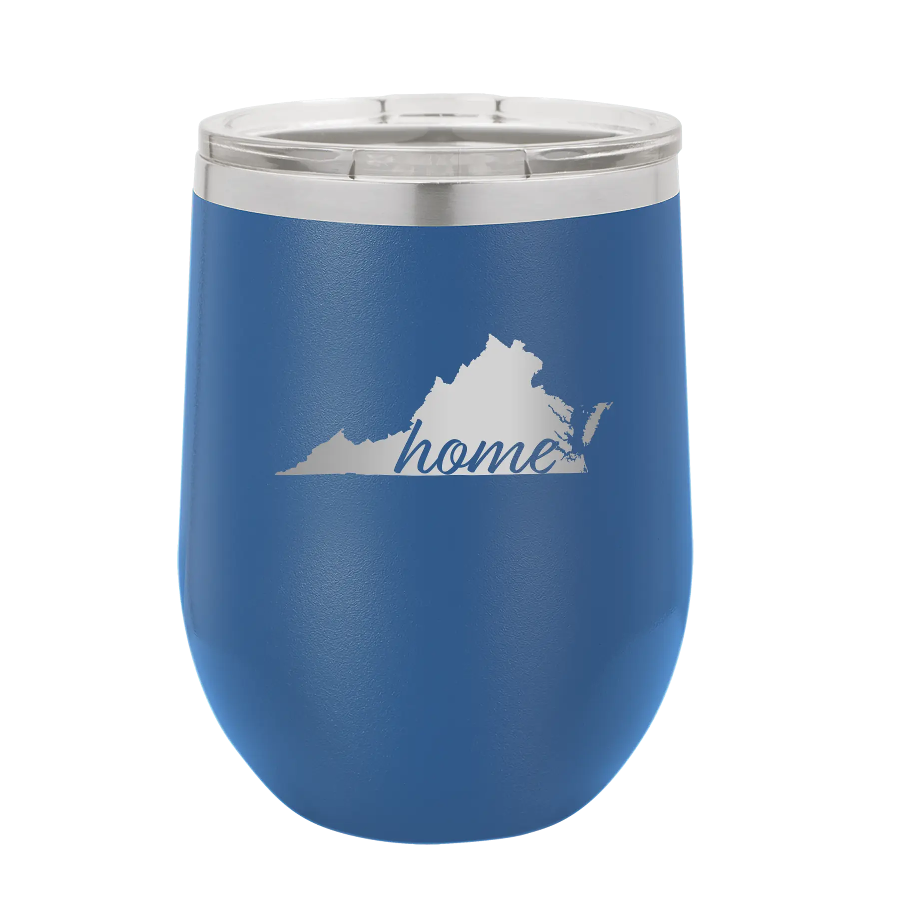 Laser etched royal blue 12 oz vacuum insulated wine cup with 'Virginia Home' design