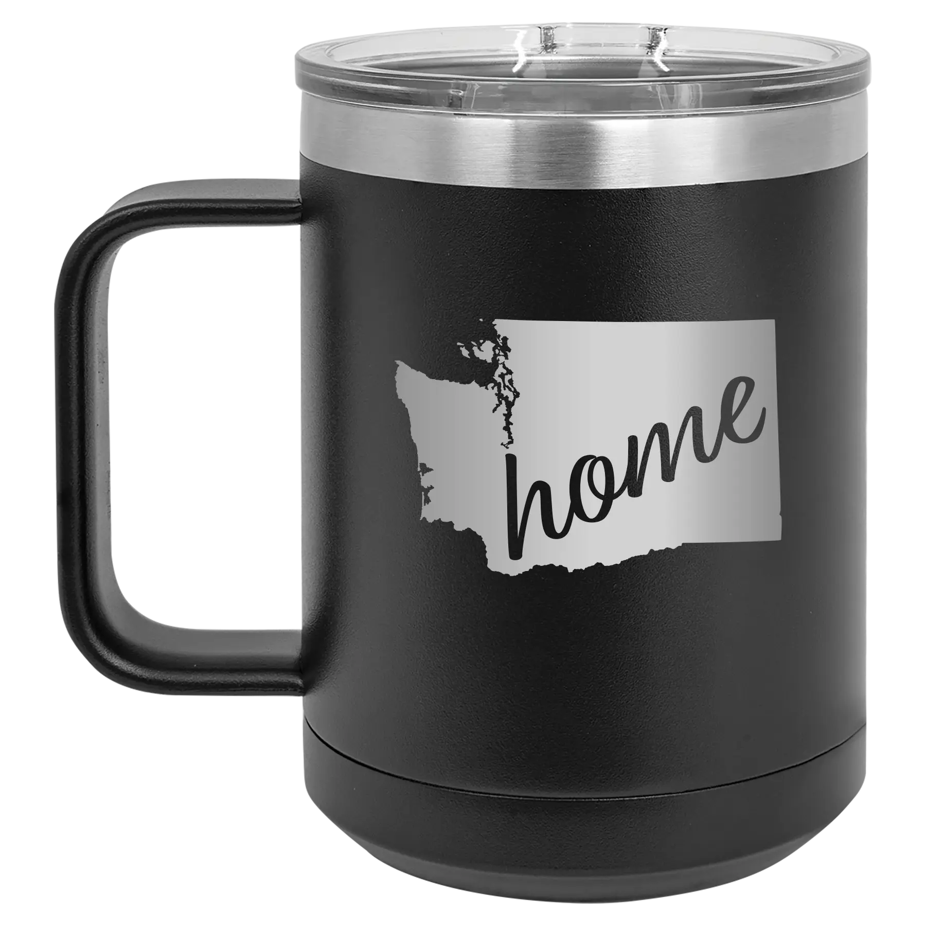 Laser etched black 15 oz vacuum insulated coffee mug with 'Washington Home' design