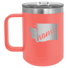 Laser etched coral 15 oz vacuum insulated coffee mug with 'Washington Home' design