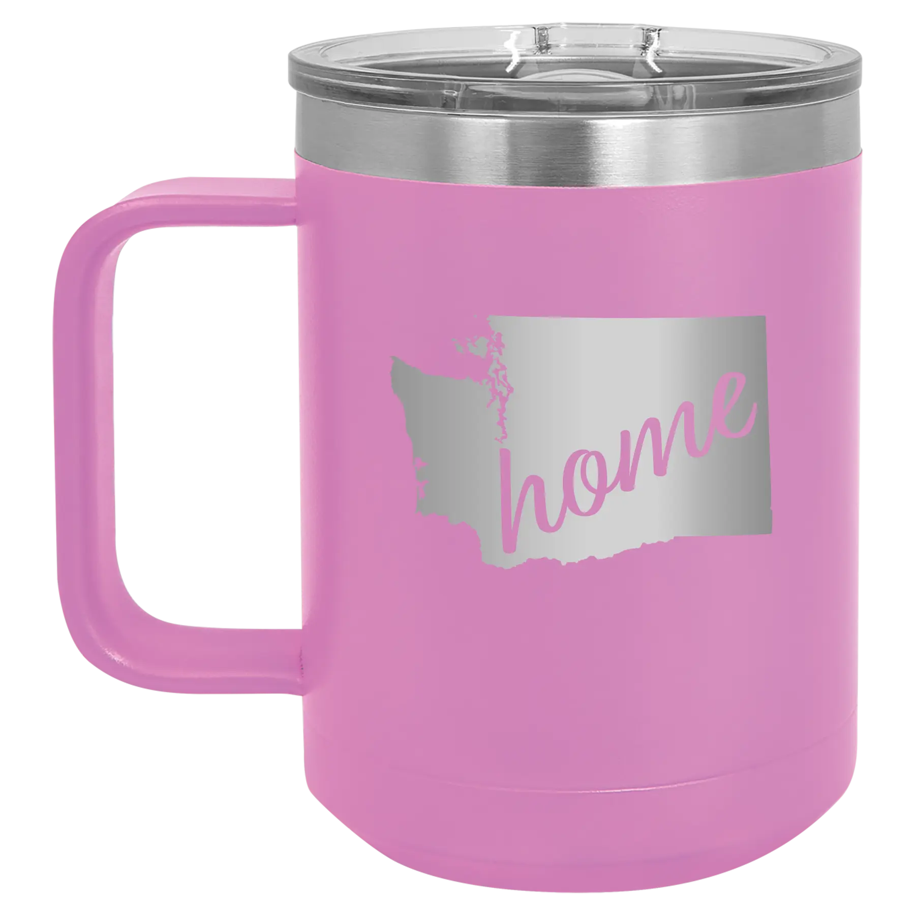 Laser etched light purple 15 oz vacuum insulated coffee mug with 'Washington Home' design