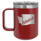 Laser etched maroon 15 oz vacuum insulated coffee mug with 'Washington Home' design
