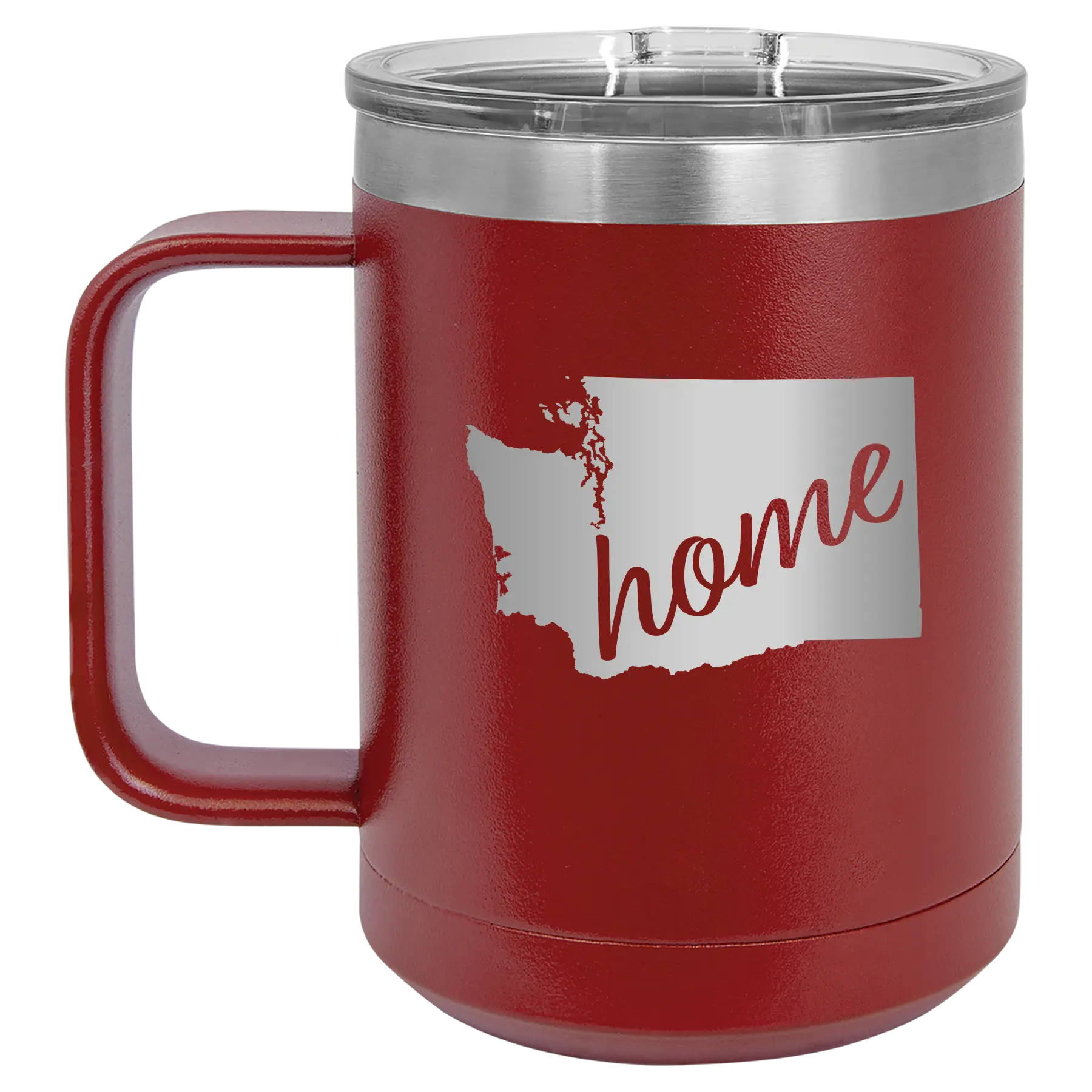 Laser etched maroon 15 oz vacuum insulated coffee mug with 'Washington Home' design