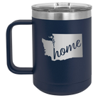 Laser etched navy 15 oz vacuum insulated coffee mug with 'Washington Home' design
