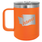 Laser etched orange 15 oz vacuum insulated coffee mug with 'Washington Home' design
