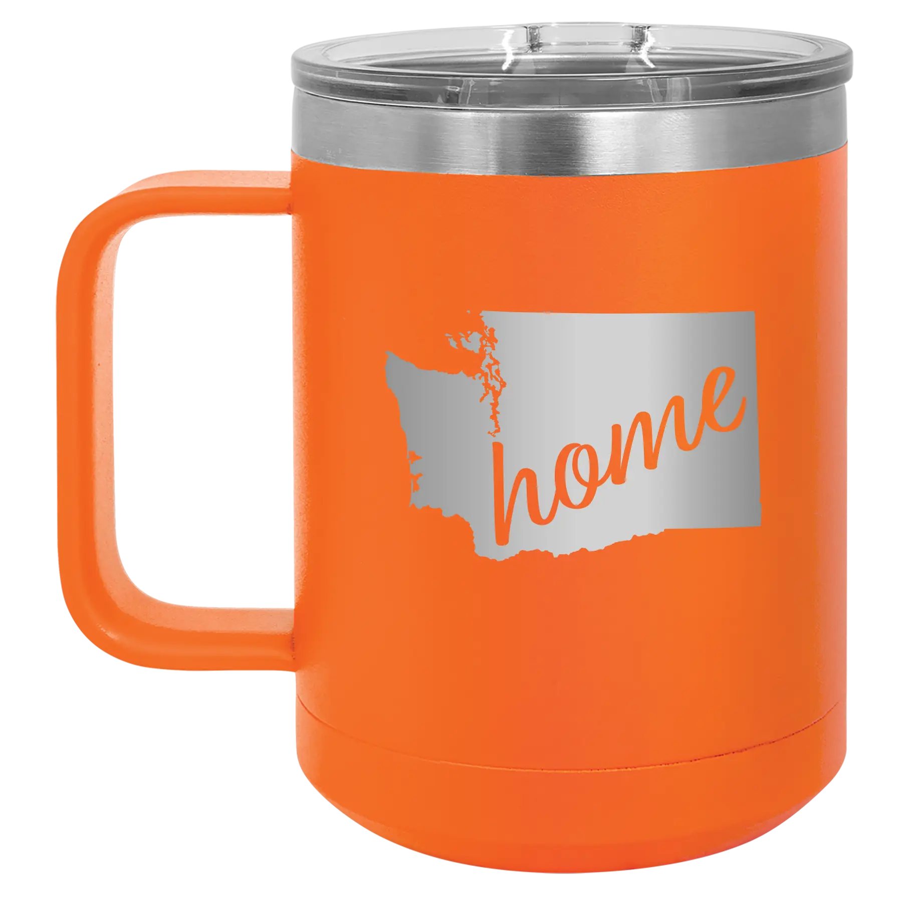 Laser etched orange 15 oz vacuum insulated coffee mug with 'Washington Home' design