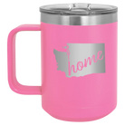 Laser etched pink 15 oz vacuum insulated coffee mug with 'Washington Home' design