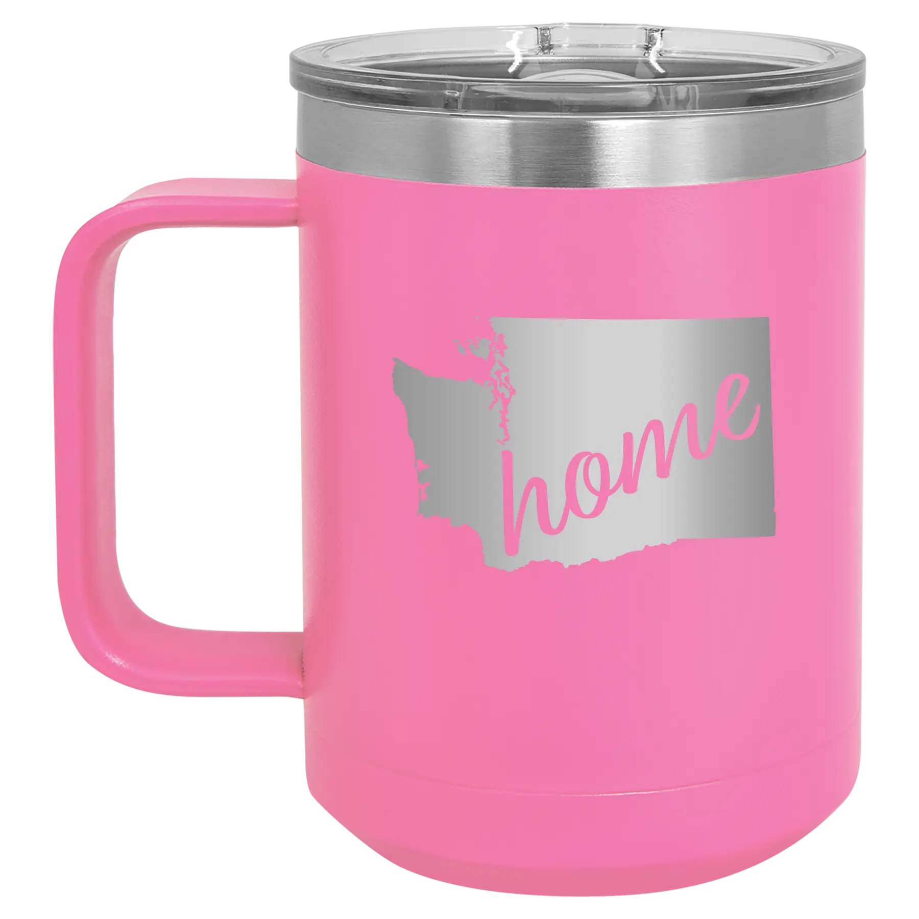 Laser etched pink 15 oz vacuum insulated coffee mug with 'Washington Home' design