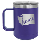 Laser etched purple 15 oz vacuum insulated coffee mug with 'Washington Home' design