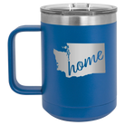 Laser etched royal blue 15 oz vacuum insulated coffee mug with 'Washington Home' design
