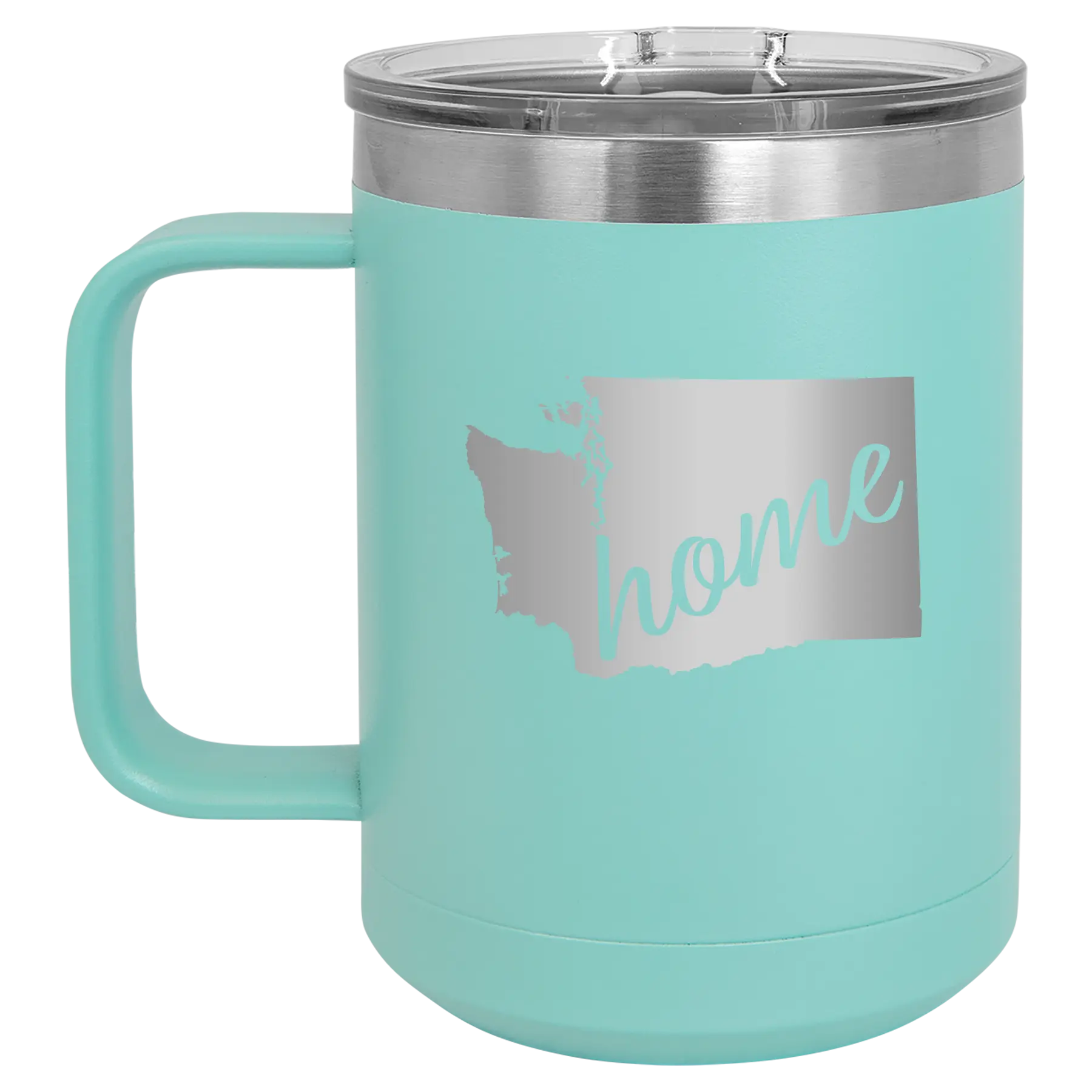 Laser etched teal 15 oz vacuum insulated coffee mug with 'Washington Home' design