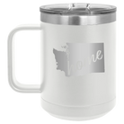 Laser etched white 15 oz vacuum insulated coffee mug with 'Washington Home' design