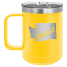 Laser etched yellow 15 oz vacuum insulated coffee mug with 'Washington Home' design