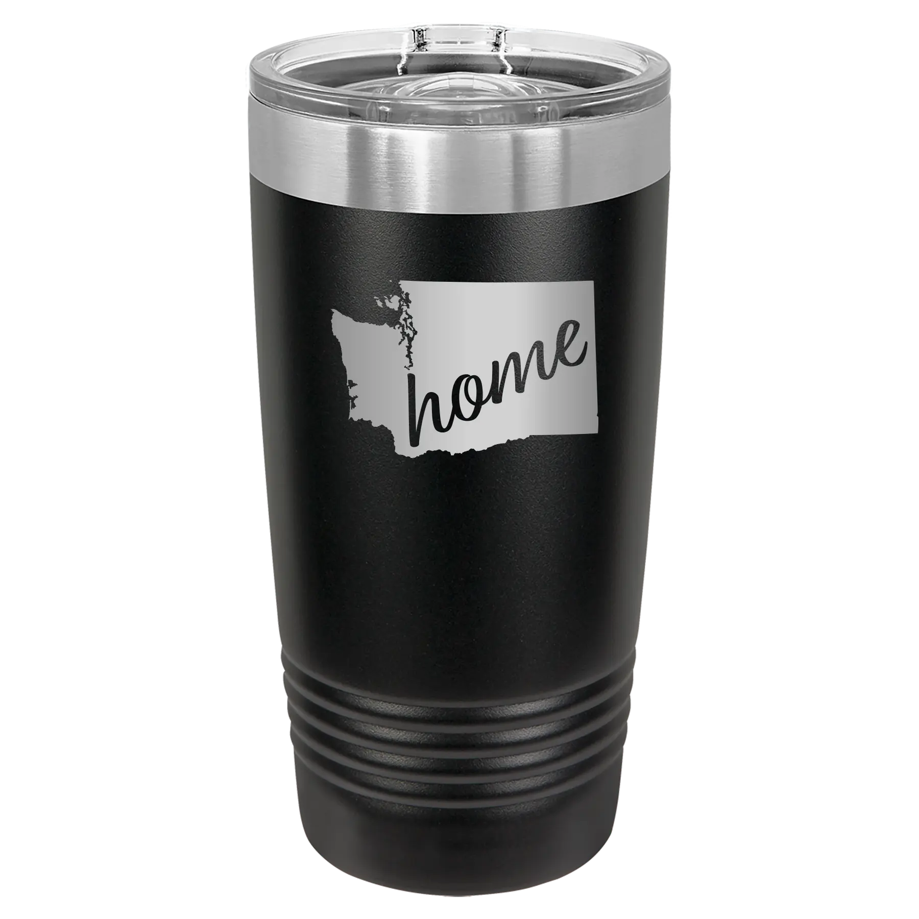 Laser etched black 20 oz vacuum insulated tumbler with 'Washington Home' design