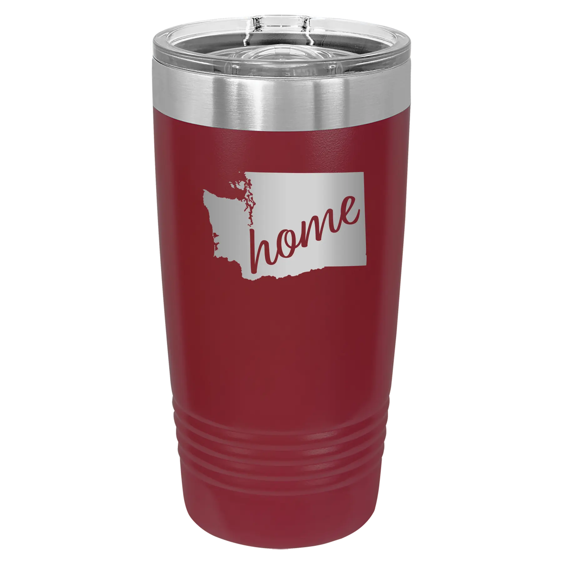Laser etched maroon 20 oz vacuum insulated tumbler with 'Washington Home' design