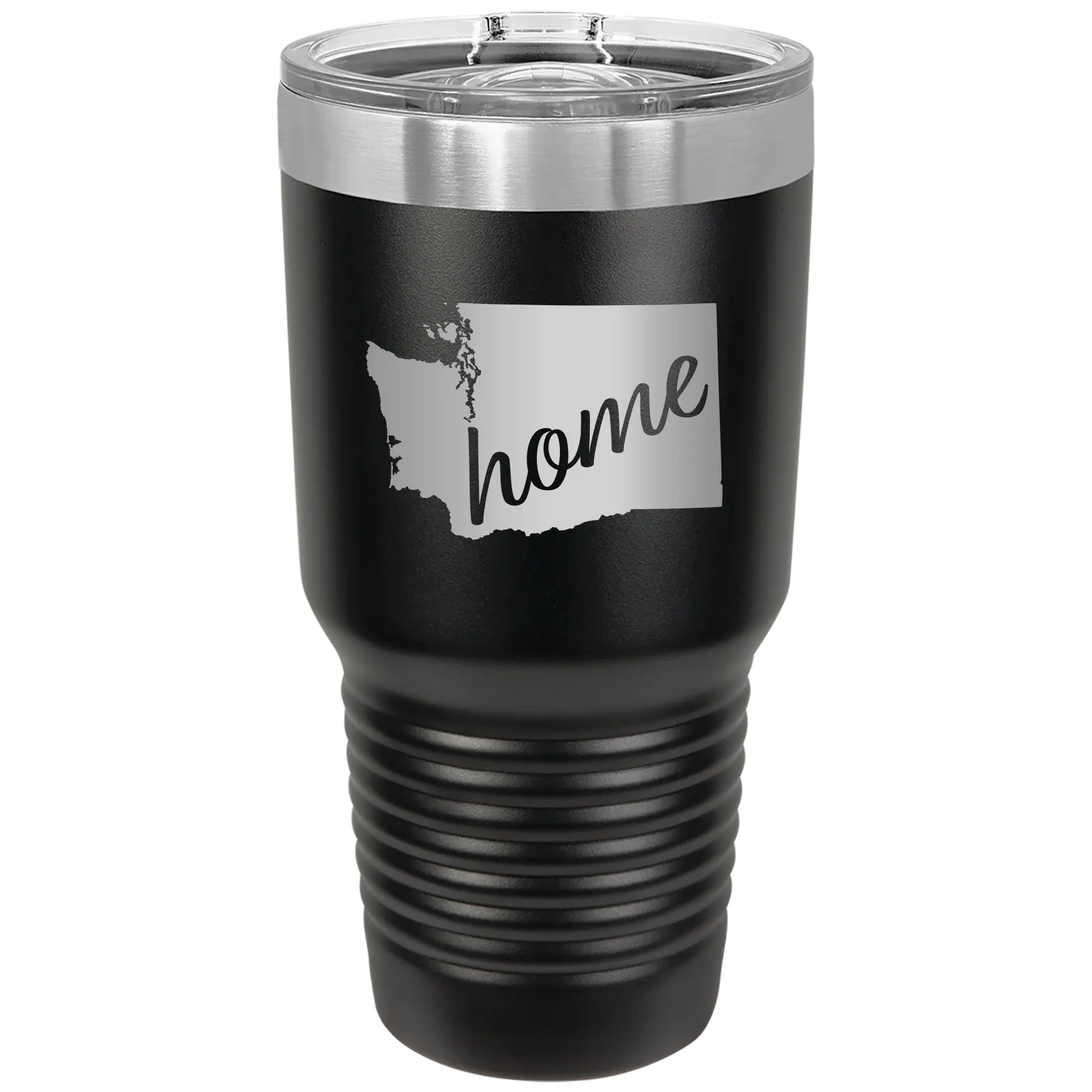 Laser etched black 30 oz vacuum insulated tumbler with 'Washington Home' design