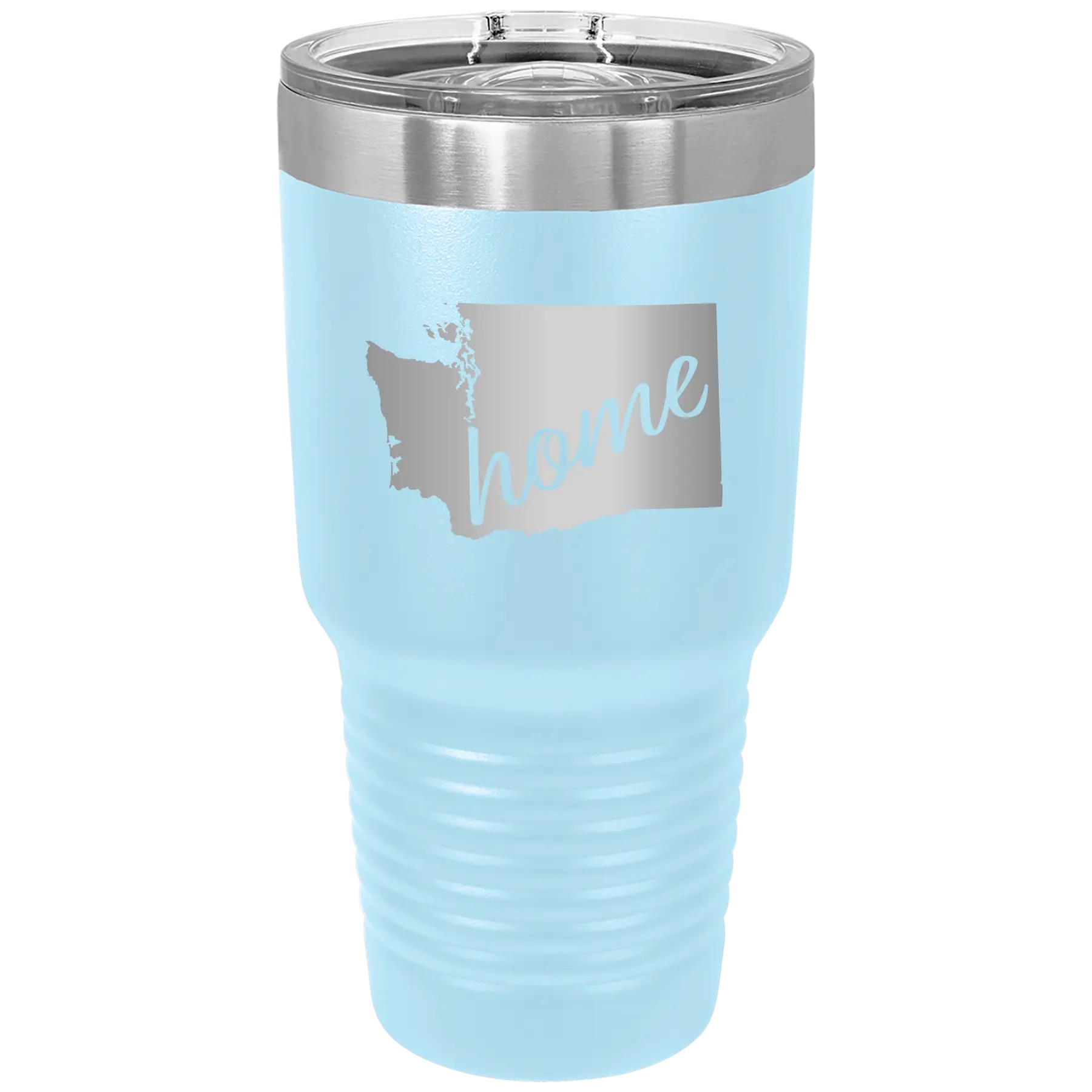 Laser etched light blue 30 oz vacuum insulated tumbler with 'Washington Home' design