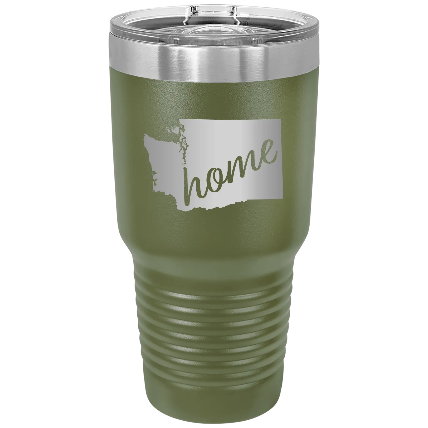 Laser etched olive green 30 oz vacuum insulated tumbler with 'Washington Home' design