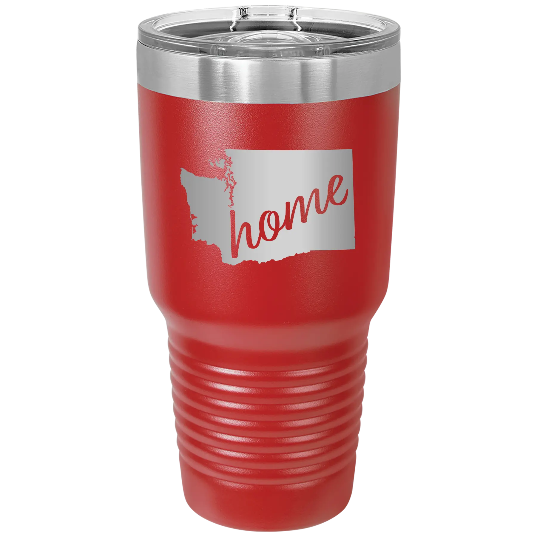 Laser etched red 30 oz vacuum insulated tumbler with 'Washington Home' design
