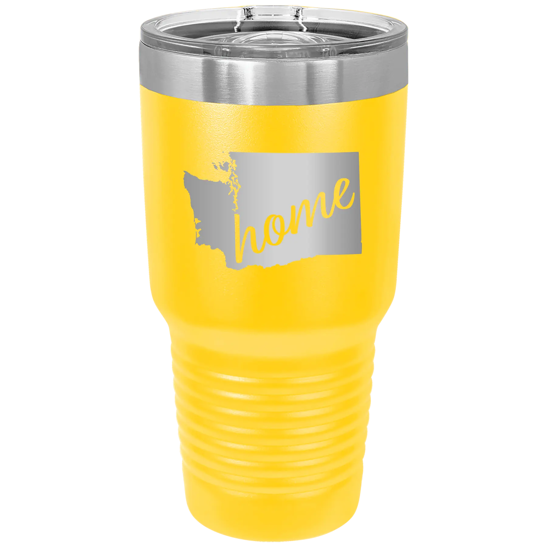 Laser etched yellow 30 oz vacuum insulated tumbler with 'Washington Home' design