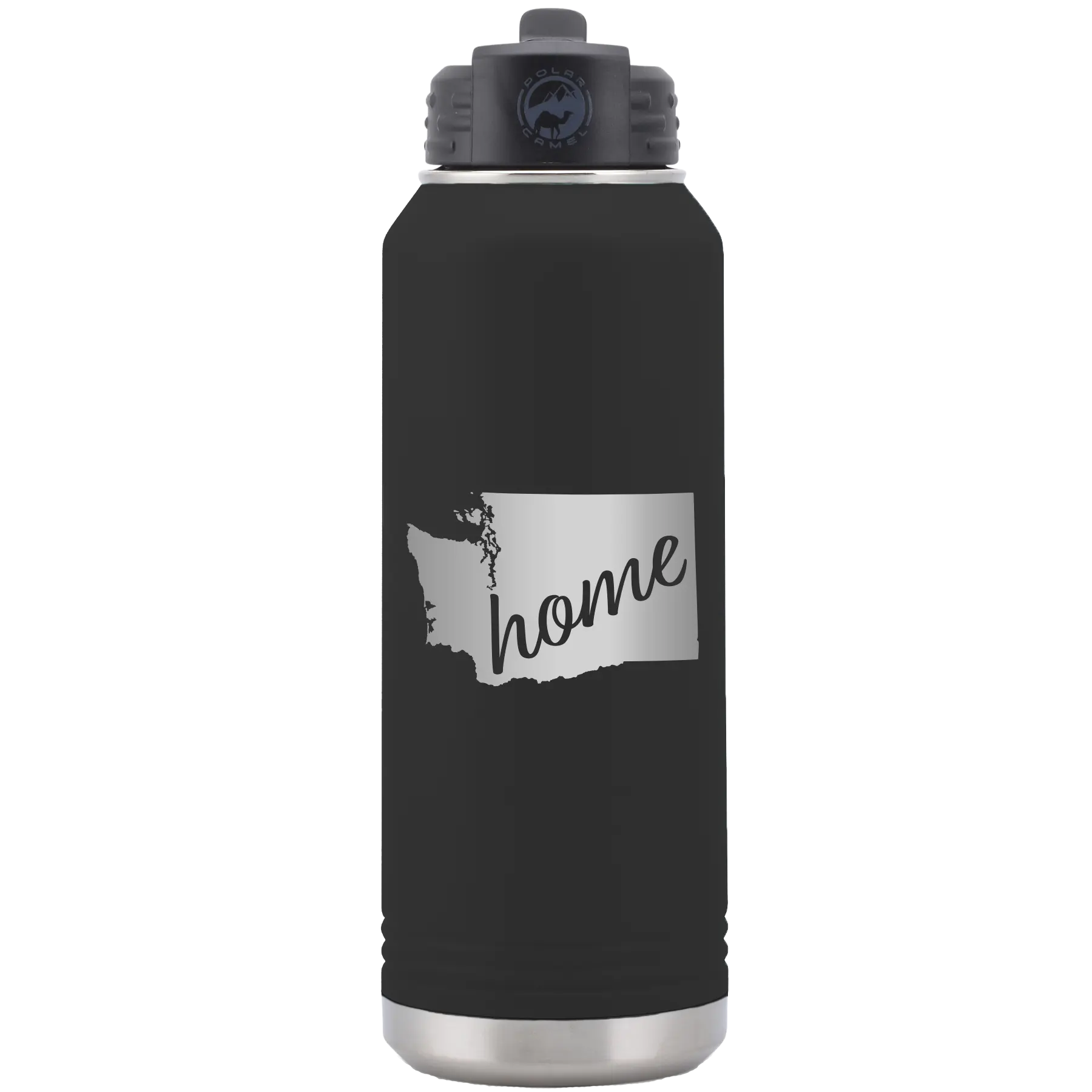 Laser etched black 32 oz vacuum insulated water bottle with 'Washington Home' design