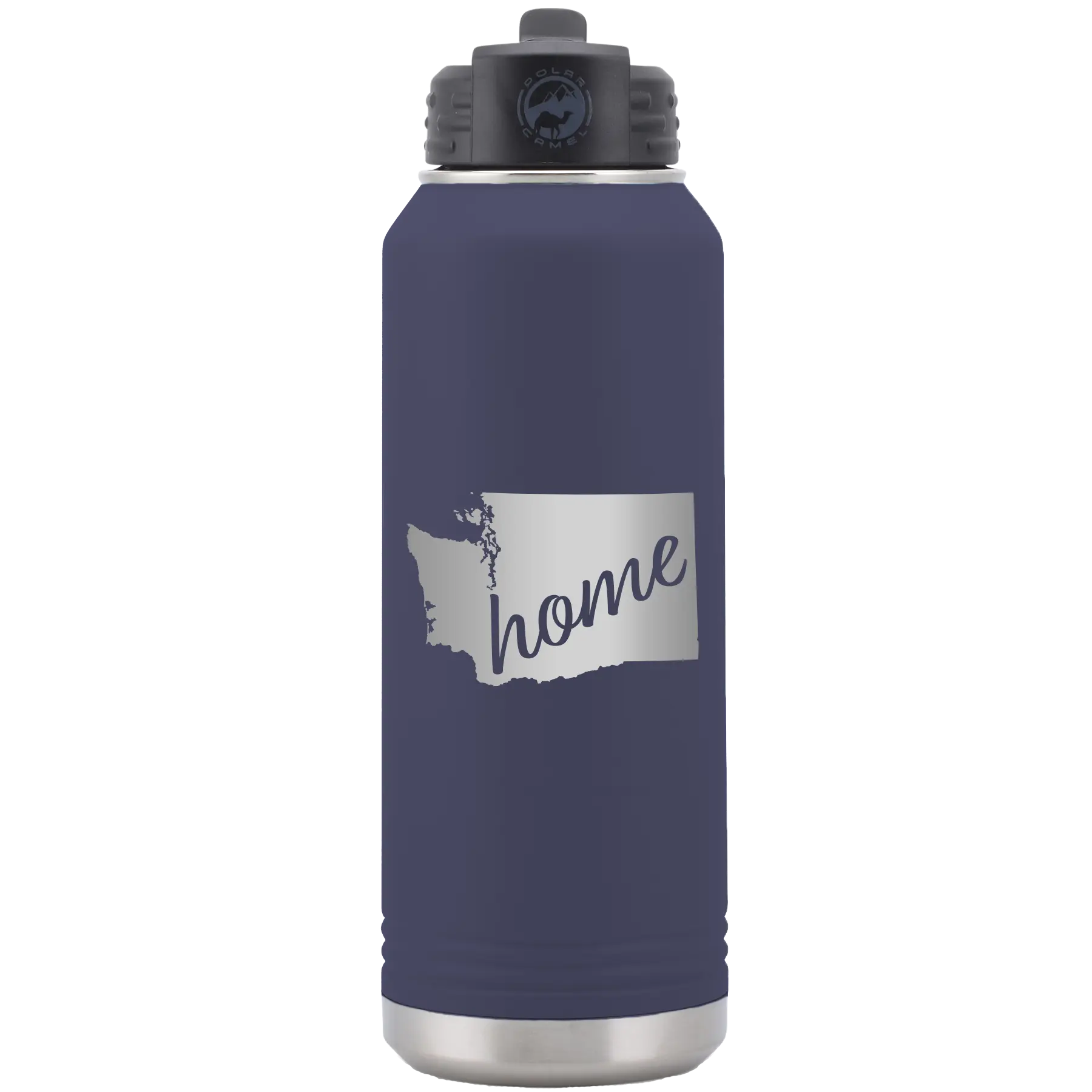 Laser etched navy 32 oz vacuum insulated water bottle with 'Washington Home' design