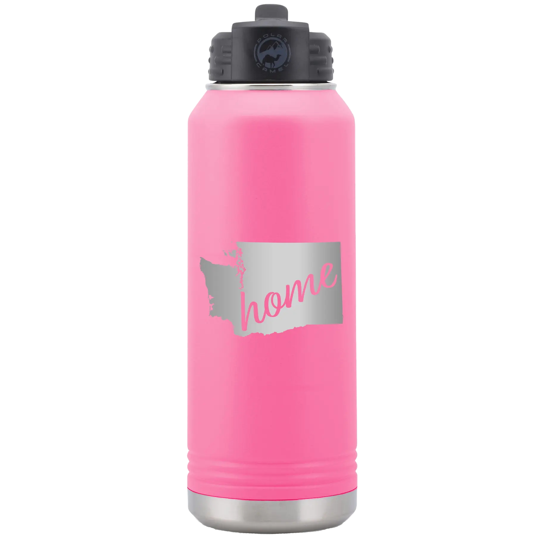 Laser etched pink 32 oz vacuum insulated water bottle with 'Washington Home' design
