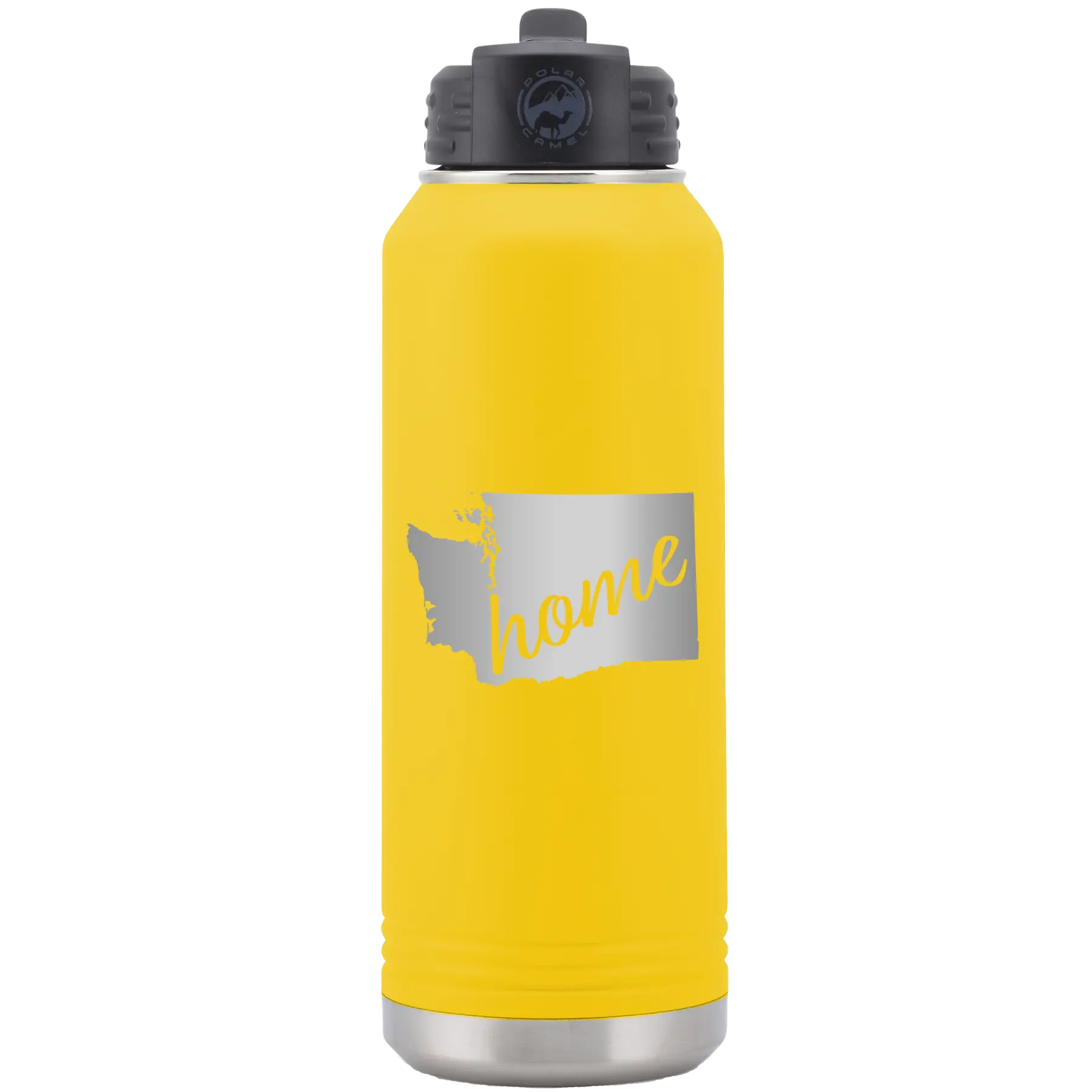 Laser etched yellow 32 oz vacuum insulated water bottle with 'Washington Home' design