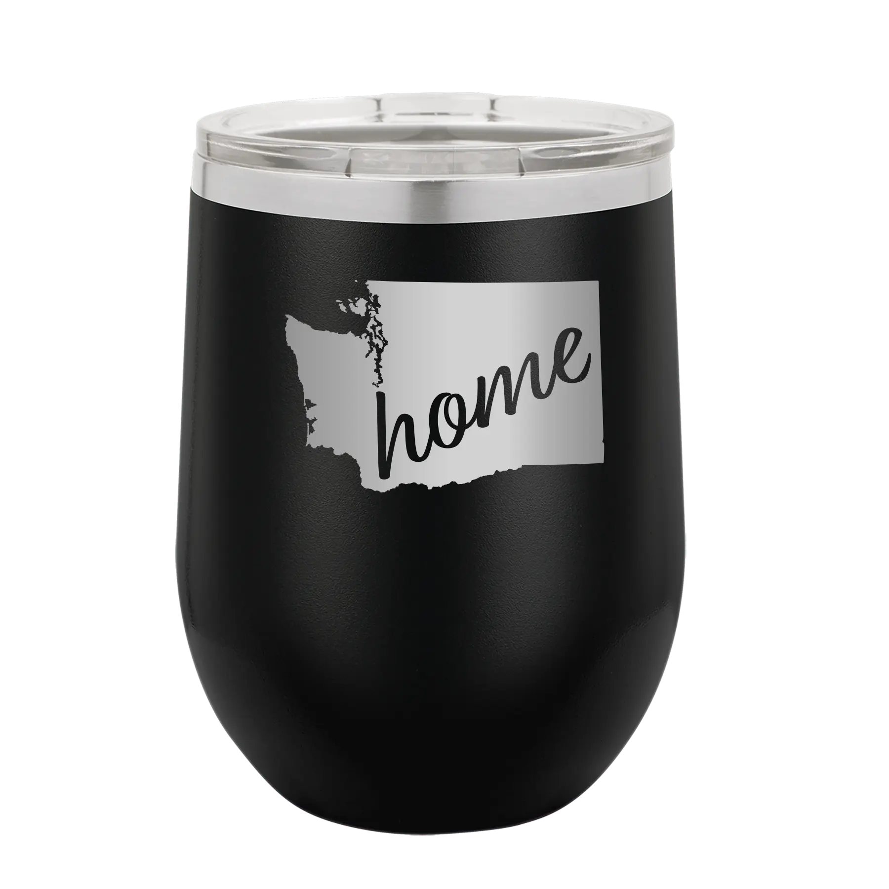 Laser etched black 12 oz vacuum insulated wine cup with 'Washington Home' design