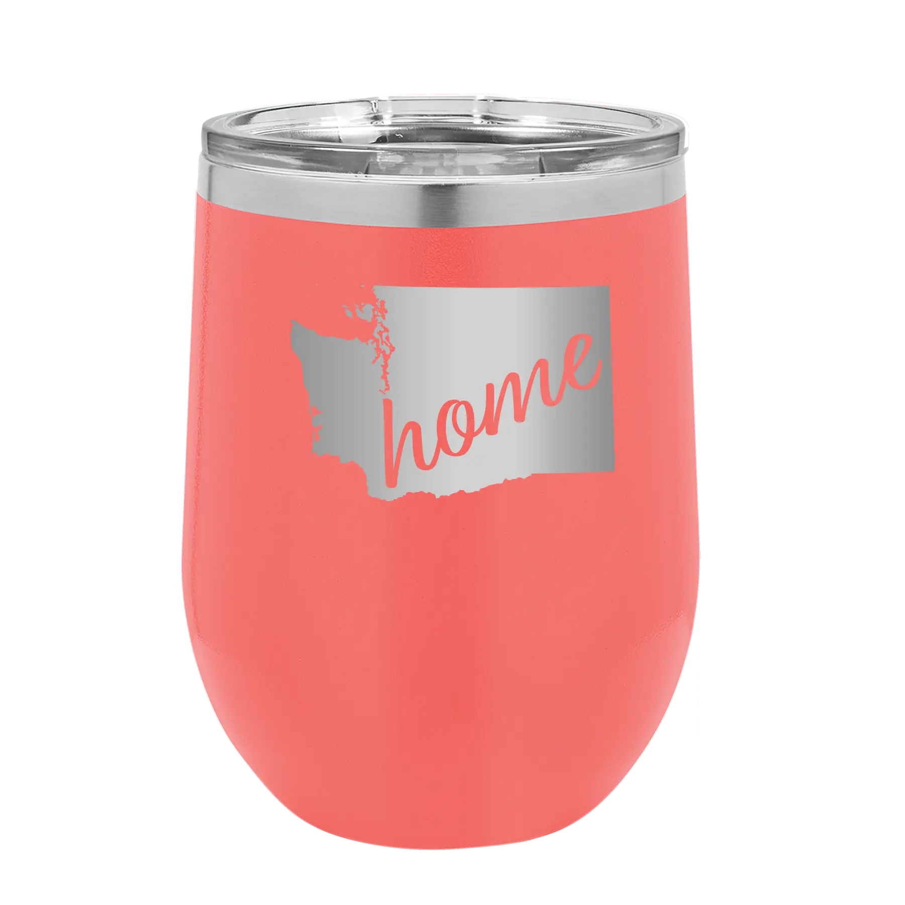 Laser etched coral 12 oz vacuum insulated wine cup with 'Washington Home' design