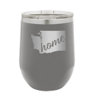 Laser etched dark gray 12 oz vacuum insulated wine cup with 'Washington Home' design
