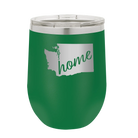 Laser etched green 12 oz vacuum insulated wine cup with 'Washington Home' design