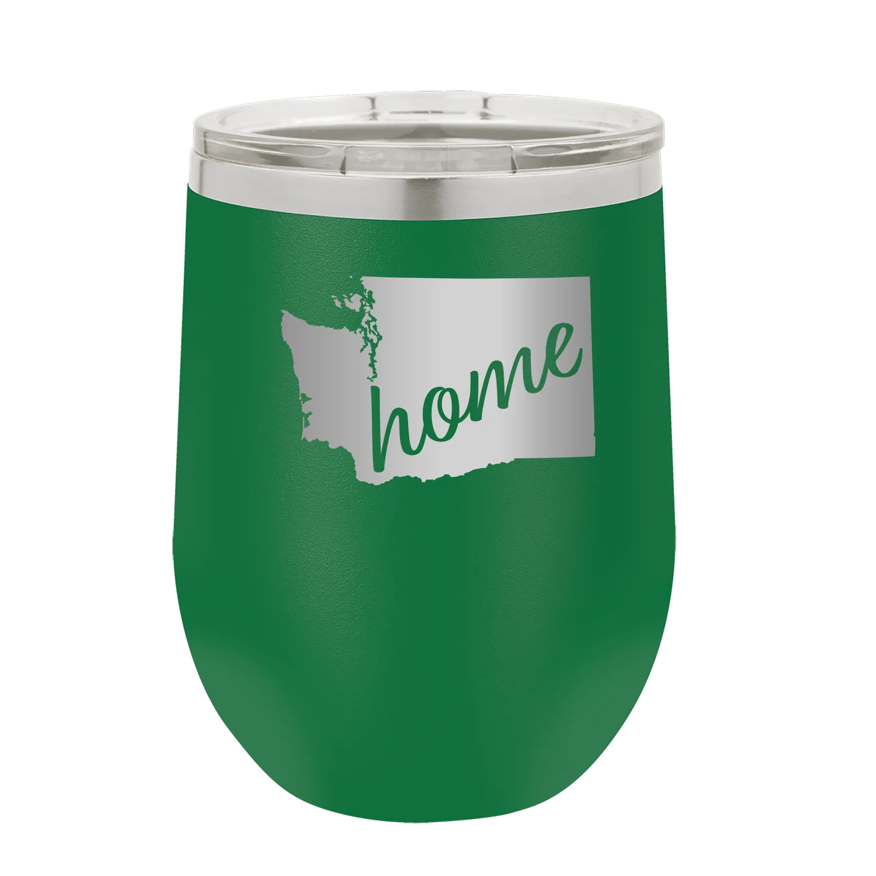 Laser etched green 12 oz vacuum insulated wine cup with 'Washington Home' design