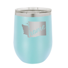 Laser etched light blue 12 oz vacuum insulated wine cup with 'Washington Home' design