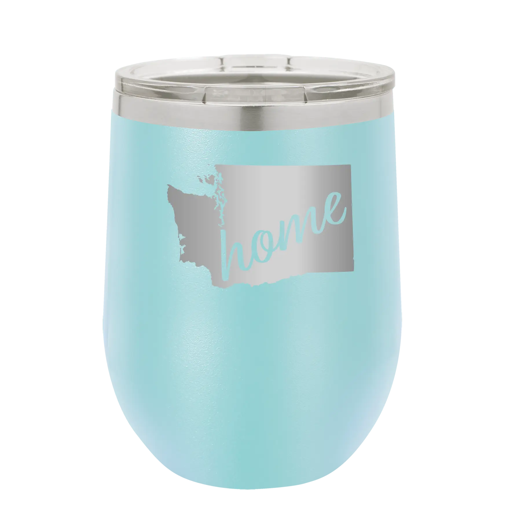 Laser etched light blue 12 oz vacuum insulated wine cup with 'Washington Home' design