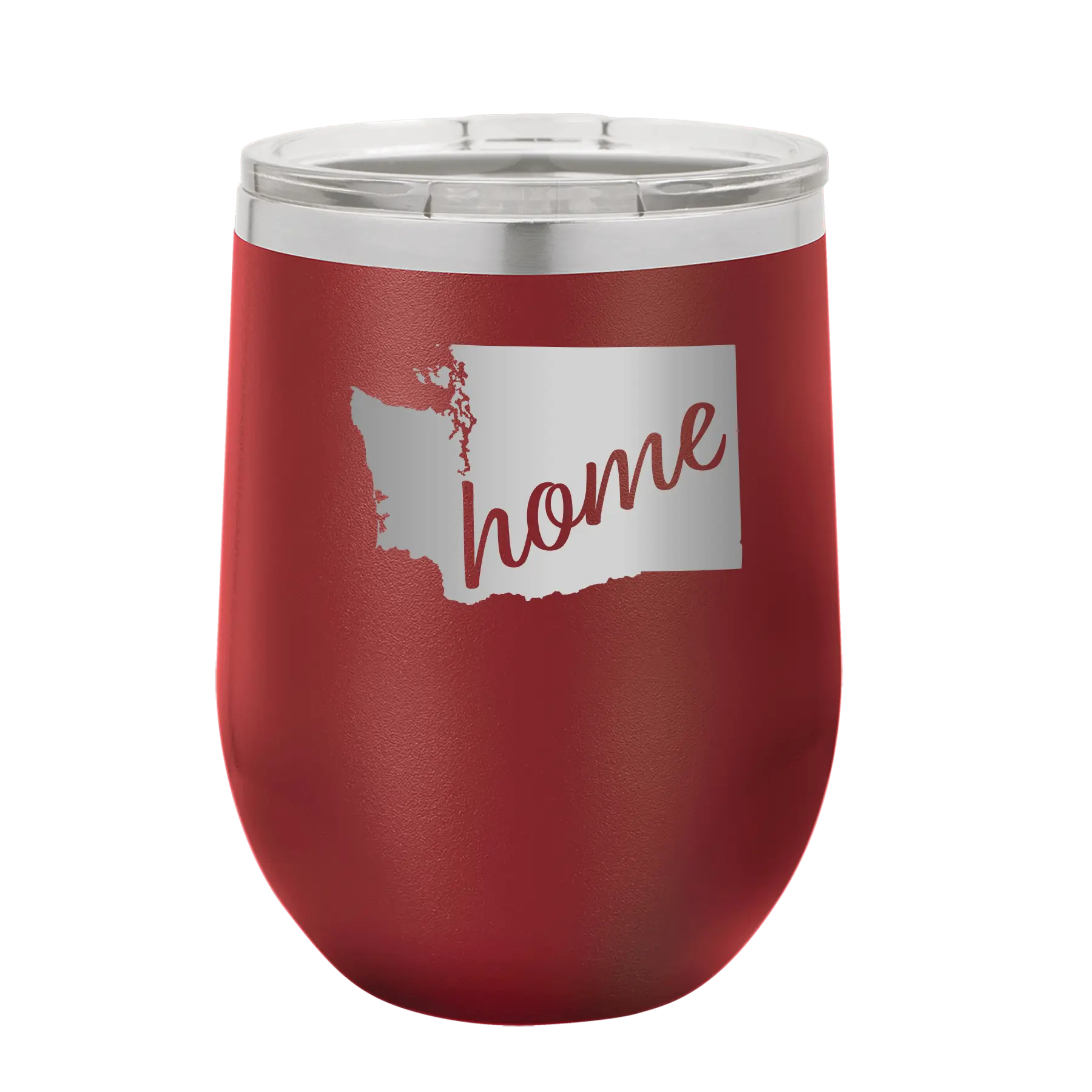 Laser etched maroon 12 oz vacuum insulated wine cup with 'Washington Home' design