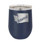 Laser etched navy 12 oz vacuum insulated wine cup with 'Washington Home' design