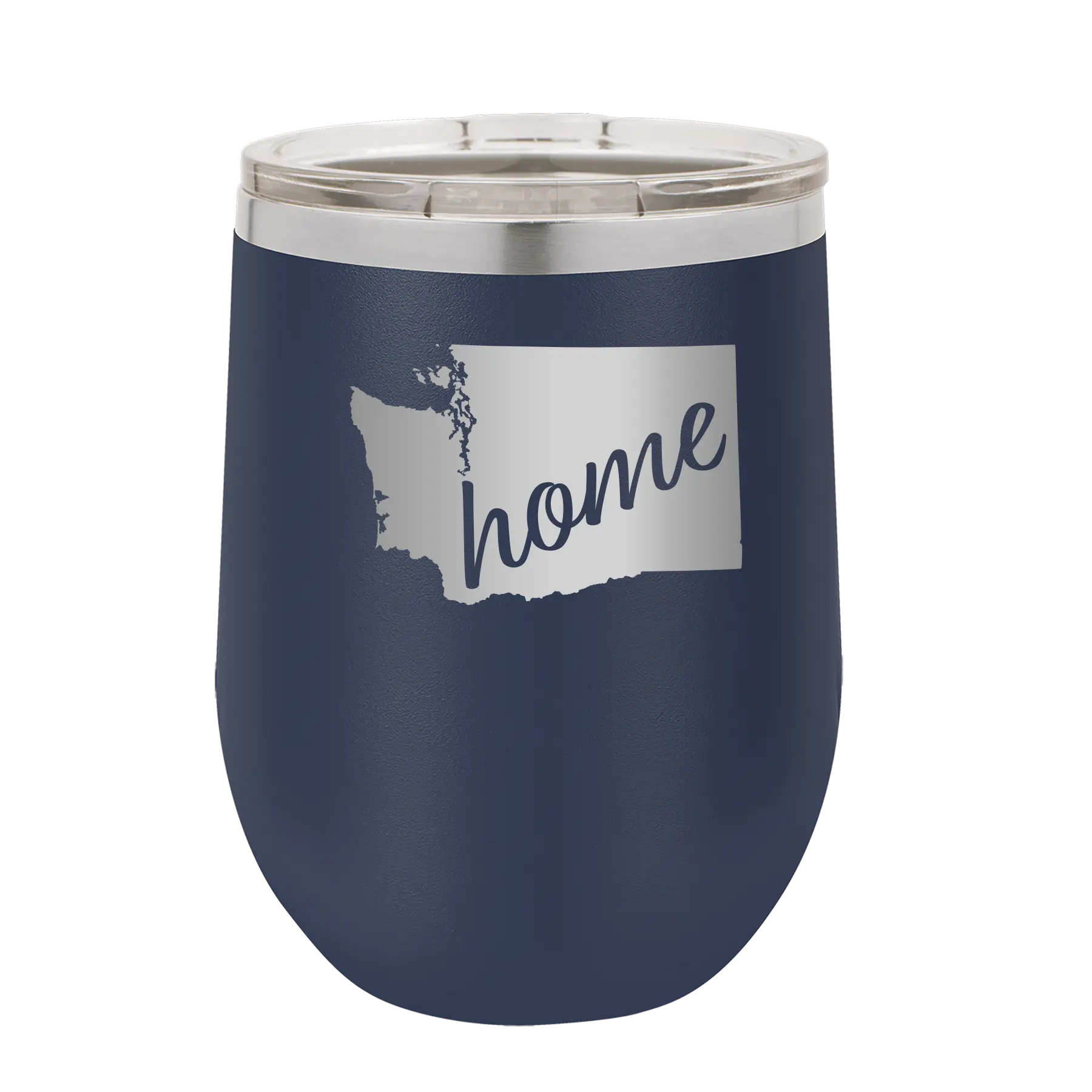 Laser etched navy 12 oz vacuum insulated wine cup with 'Washington Home' design