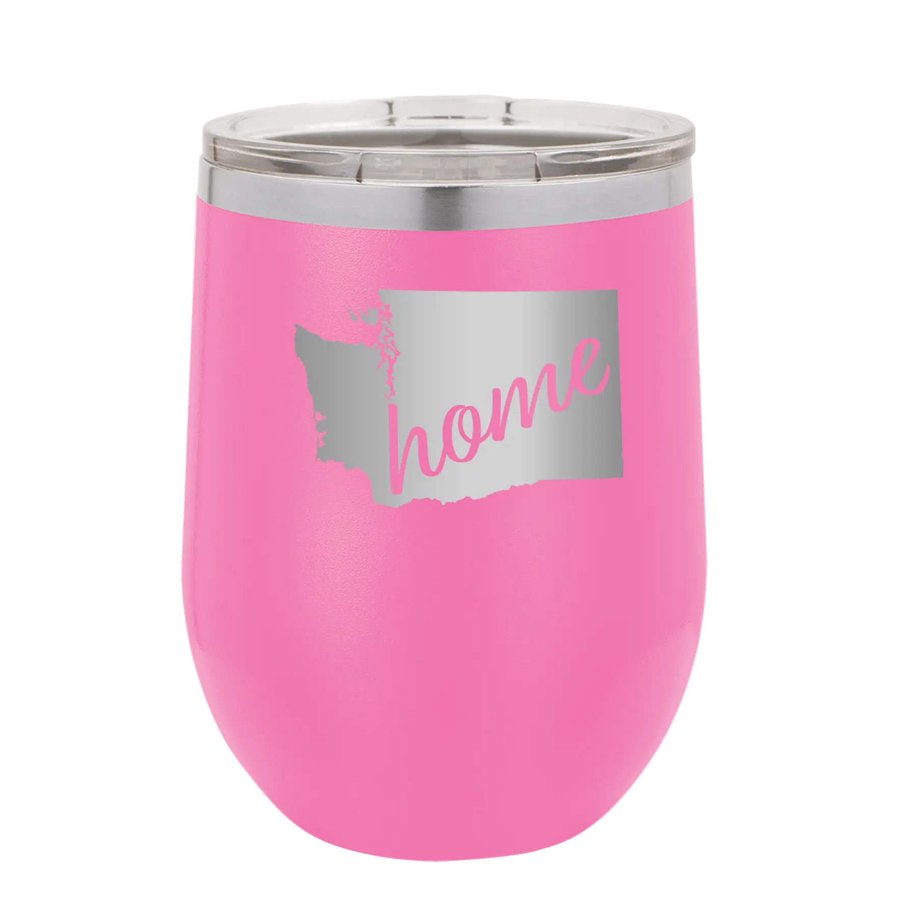 Laser etched pink 12 oz vacuum insulated wine cup with 'Washington Home' design