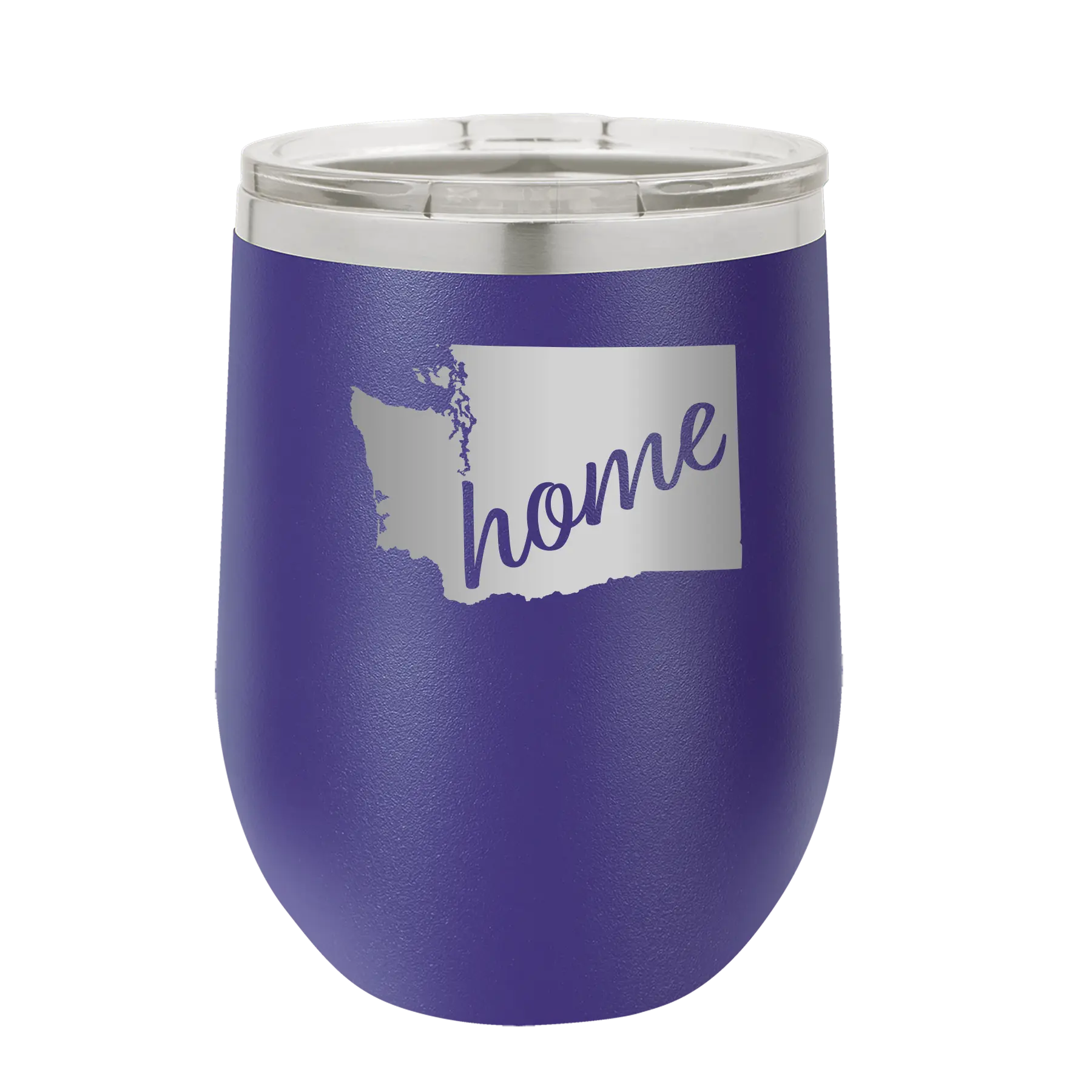 Laser etched purple 12 oz vacuum insulated wine cup with 'Washington Home' design