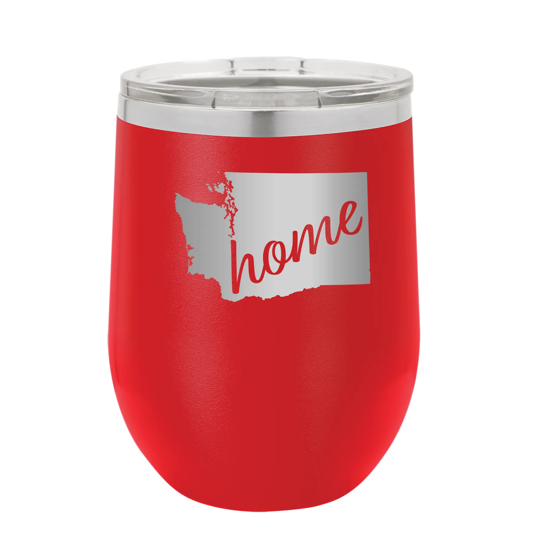 Laser etched red 12 oz vacuum insulated wine cup with 'Washington Home' design