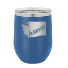 Laser etched royal blue 12 oz vacuum insulated wine cup with 'Washington Home' design