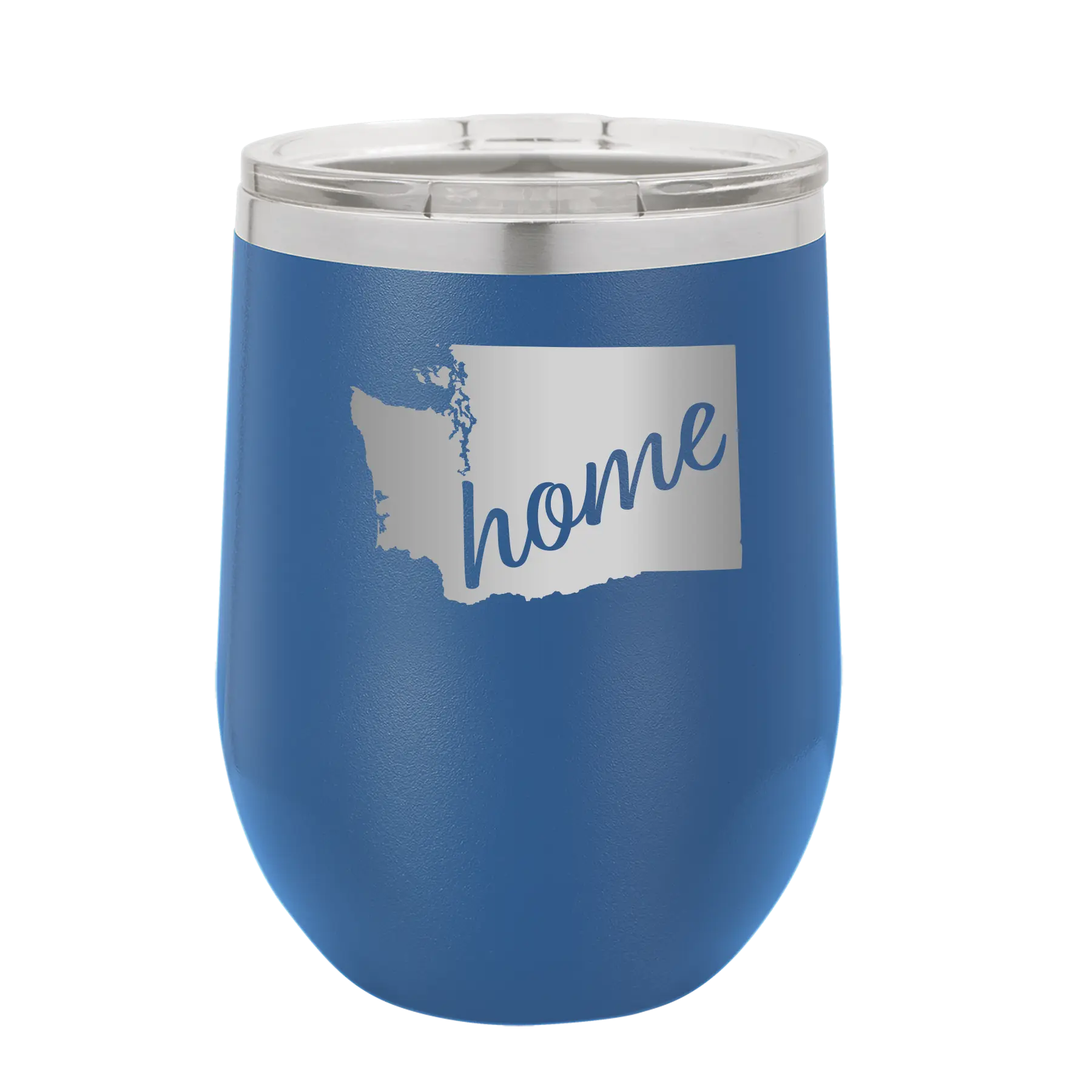 Laser etched royal blue 12 oz vacuum insulated wine cup with 'Washington Home' design