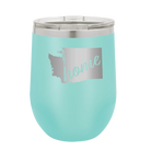 Laser etched teal 12 oz vacuum insulated wine cup with 'Washington Home' design