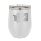 Laser etched white 12 oz vacuum insulated wine cup with 'Washington Home' design