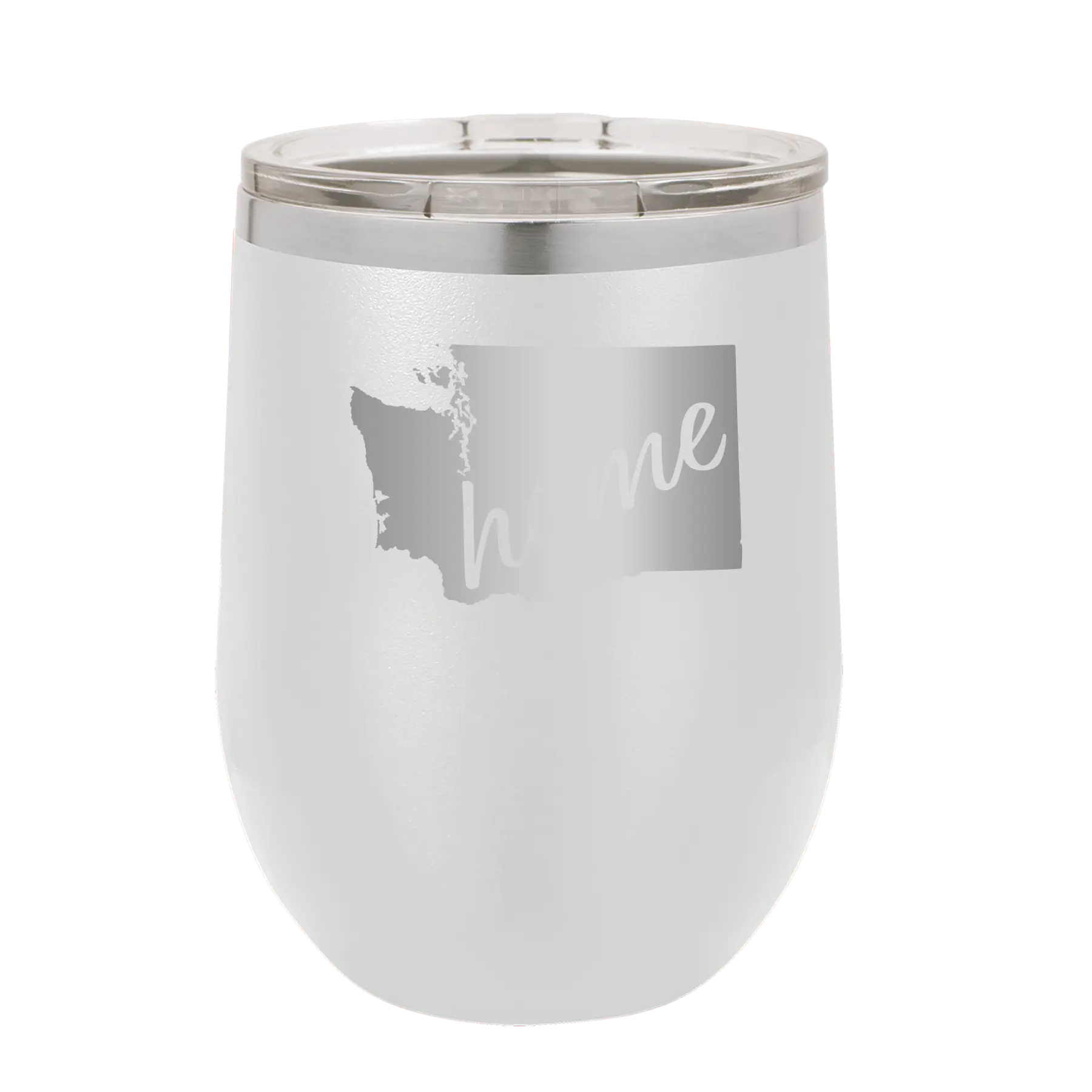 Laser etched white 12 oz vacuum insulated wine cup with 'Washington Home' design