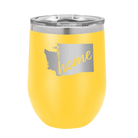 Laser etched yellow 12 oz vacuum insulated wine cup with 'Washington Home' design